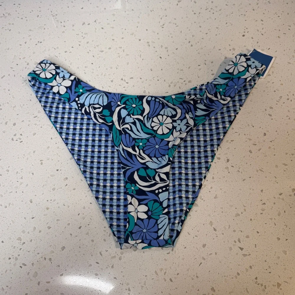 Roxy Reversible Bikini Bottoms Blue Floral Geometric Print Size Medium M NWT